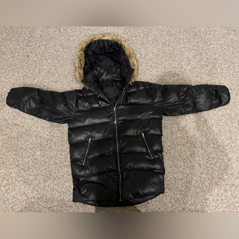 Boohoo Black Puffer Jacket with Faux Fur Hood